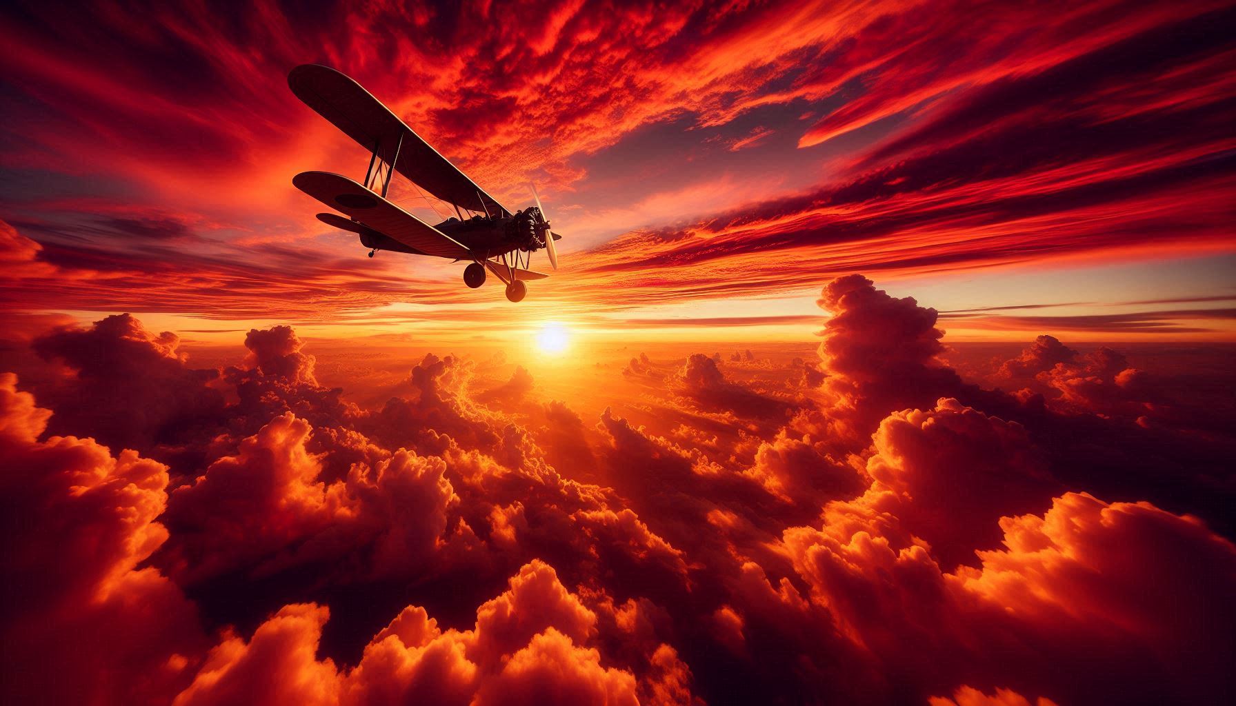 Crimson sky pilot artwork featuring dramatic sunset
