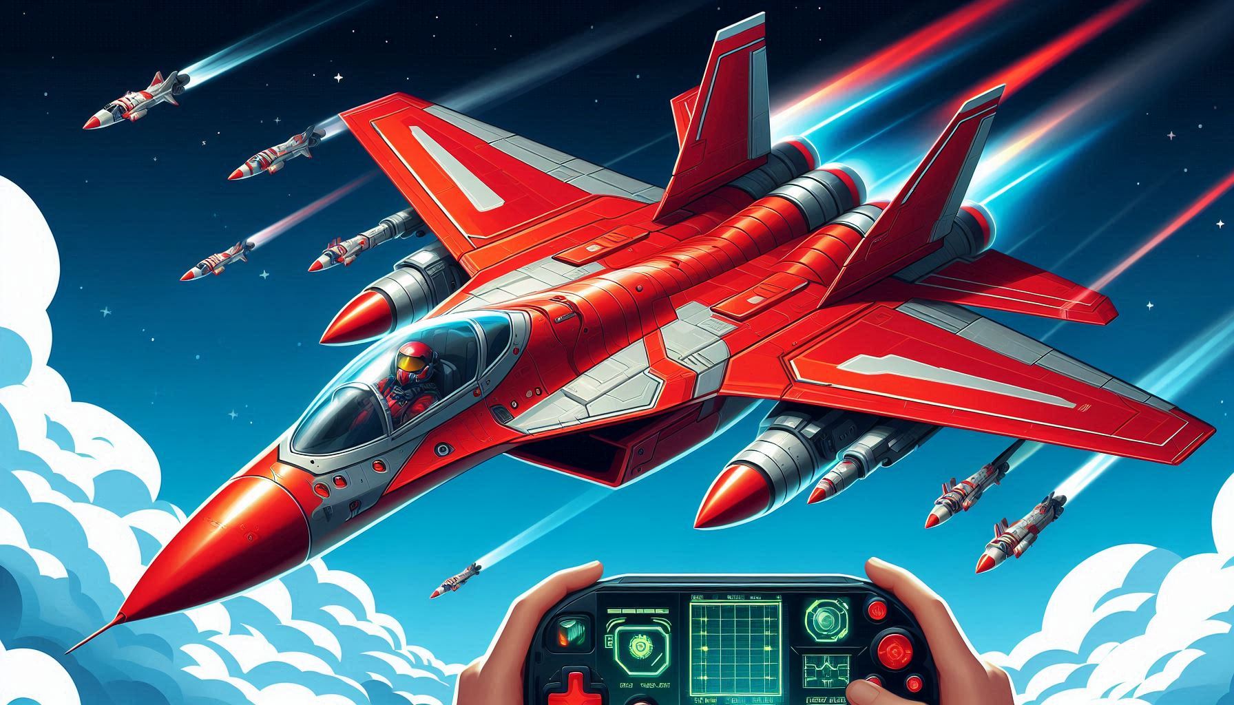 Red fighter jet game design with advanced cockpit view